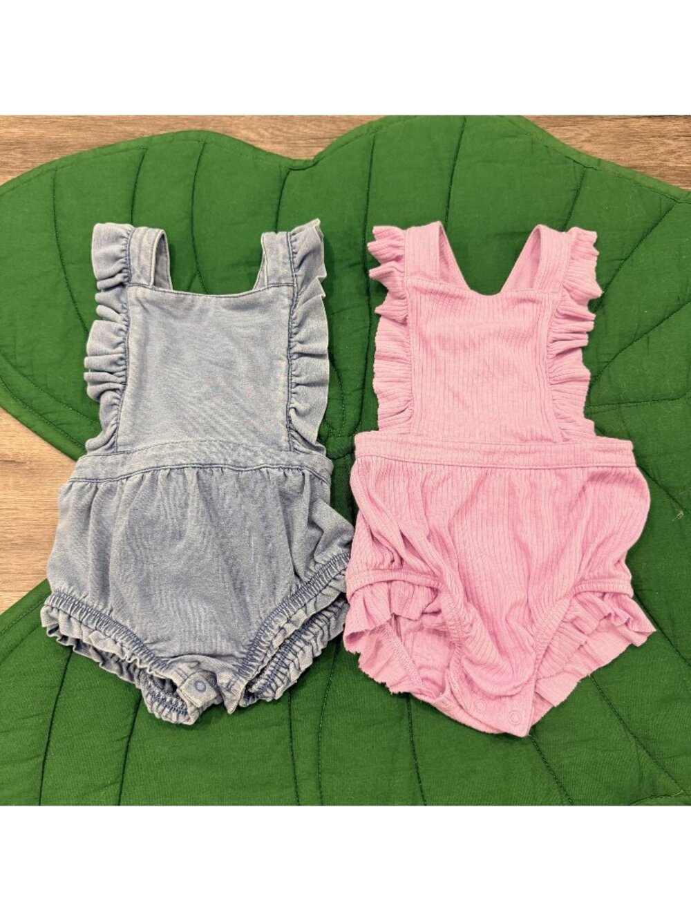 Cat & Jack Baby Girl 6-9M Ruffle Bubble Romper Bundle Lot Chambray Pink
